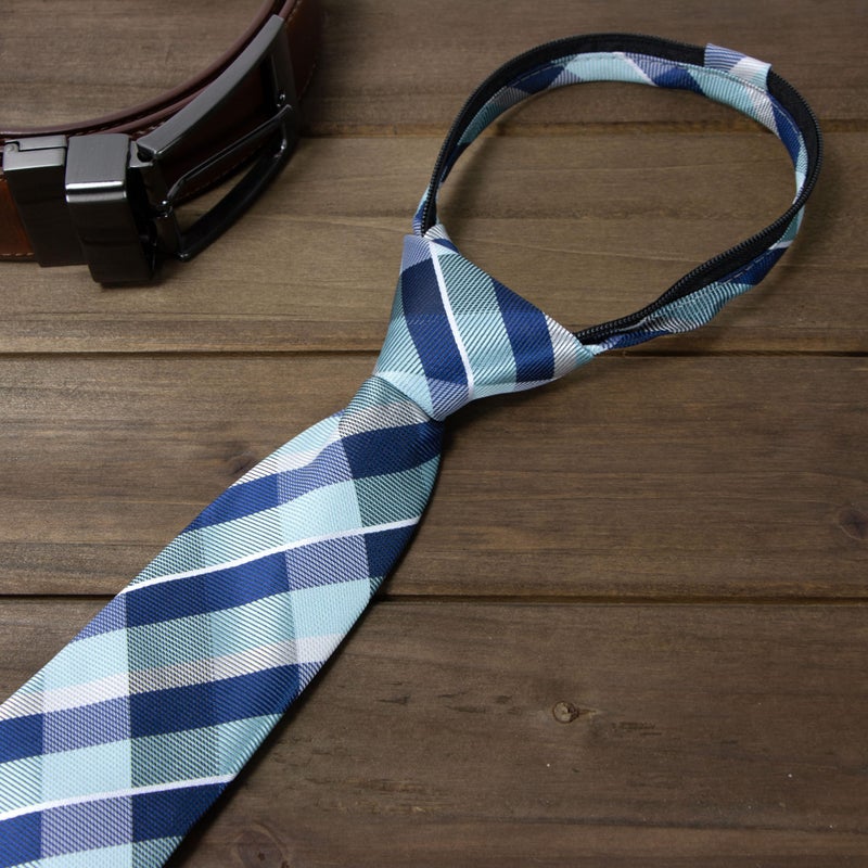 Spring Notion Boys' Pre-tied Woven Zipper Tie Large Blue Checkered - Image 2